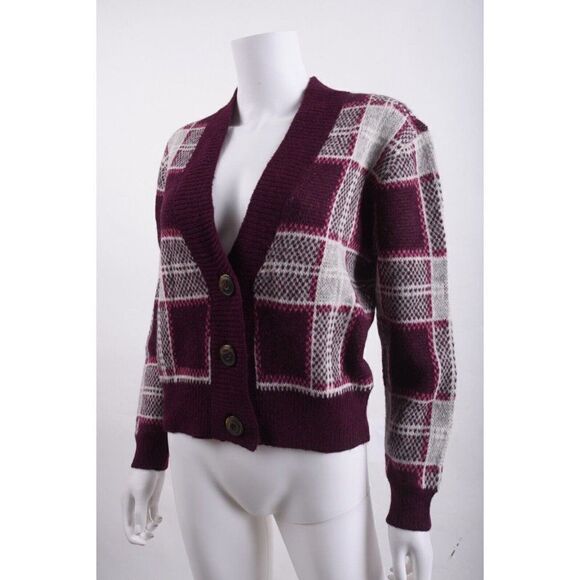 Mother Womens Slim Low Plaid Cardigan Sweater Sz M Purple Cropped Alpaca NWT - Picture 3 of 6